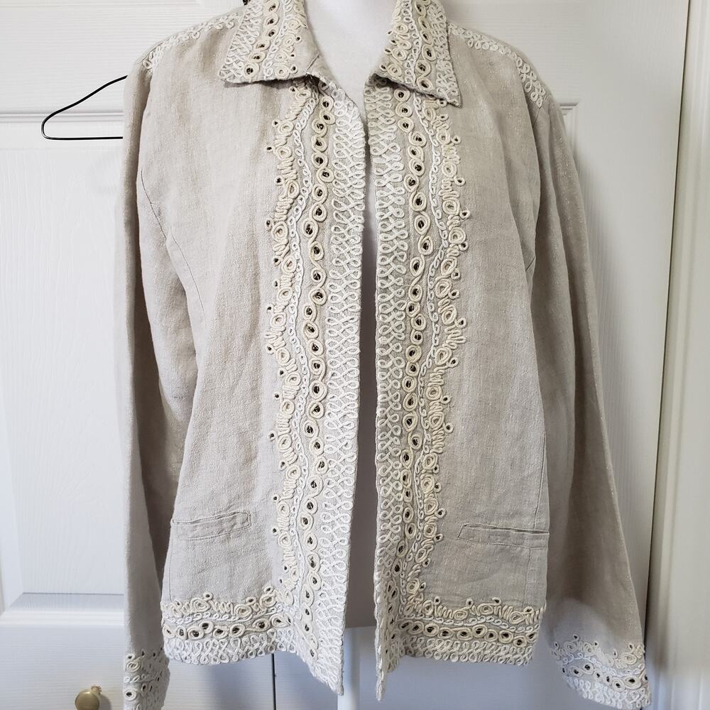 Chico's Blazer Women 2 Beige Linen Blend Eyelet Embroidered Open-Front Jacket